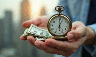 Personne tenant une montre vintage et des billets avec ville en arrière-plan