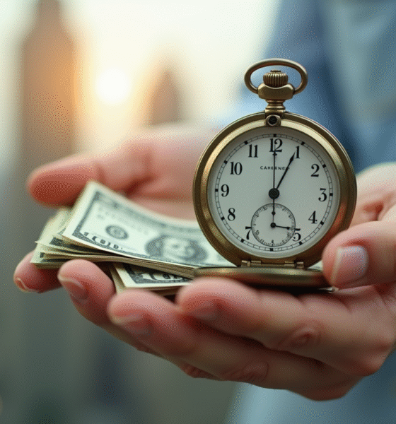 Personne tenant une montre vintage et des billets avec ville en arrière-plan