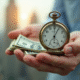 Personne tenant une montre vintage et des billets avec ville en arrière-plan