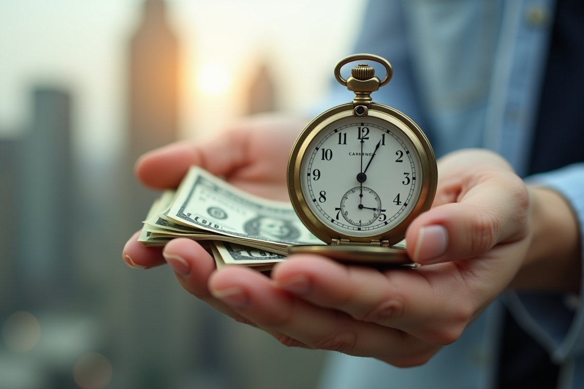 Personne tenant une montre vintage et des billets avec ville en arrière-plan