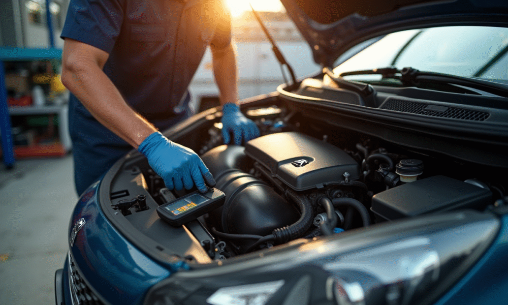 Moteur Peugeot 1,6 HDi avec mécanicien inspectant les connecteurs