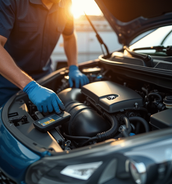 Moteur Peugeot 1,6 HDi avec mécanicien inspectant les connecteurs