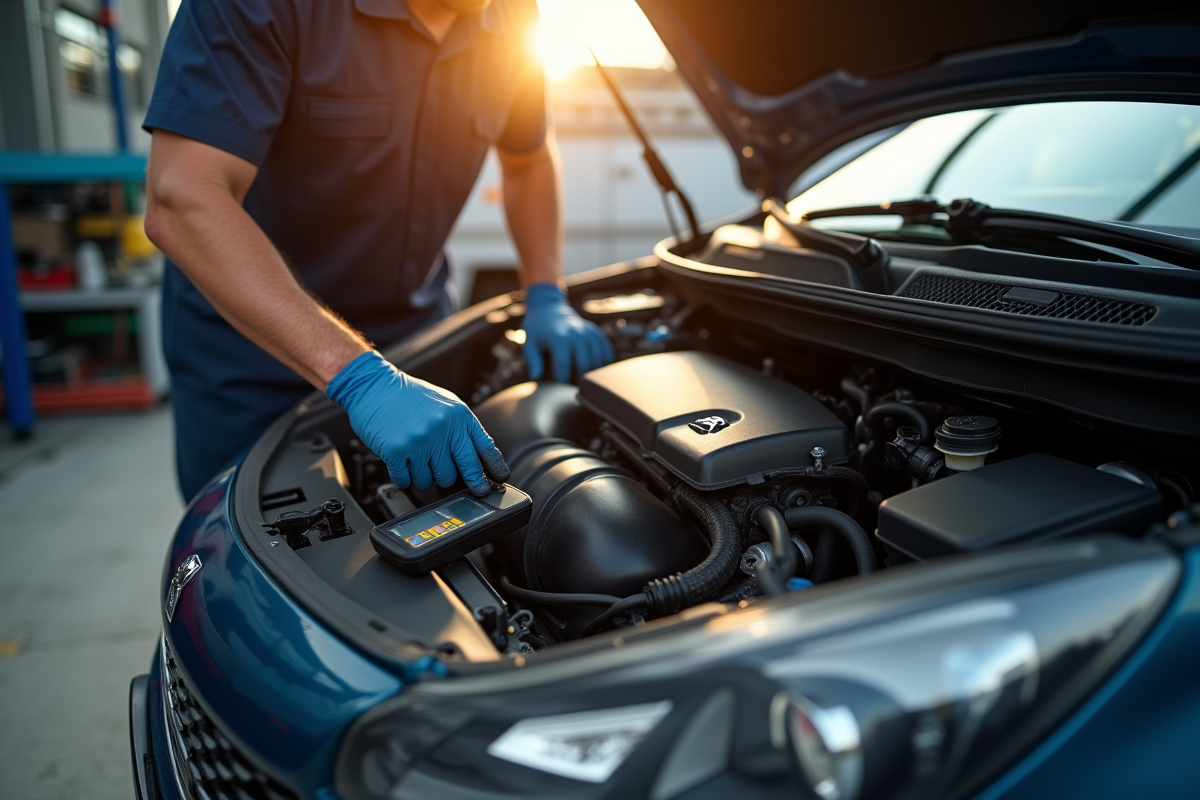 Moteur Peugeot 1,6 HDi avec mécanicien inspectant les connecteurs