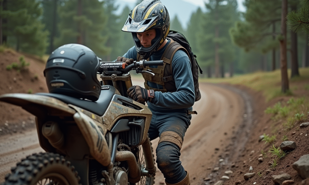 Jeune motocrosseur vérifiant sa chaîne dans la forêt