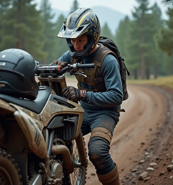 Jeune motocrosseur vérifiant sa chaîne dans la forêt