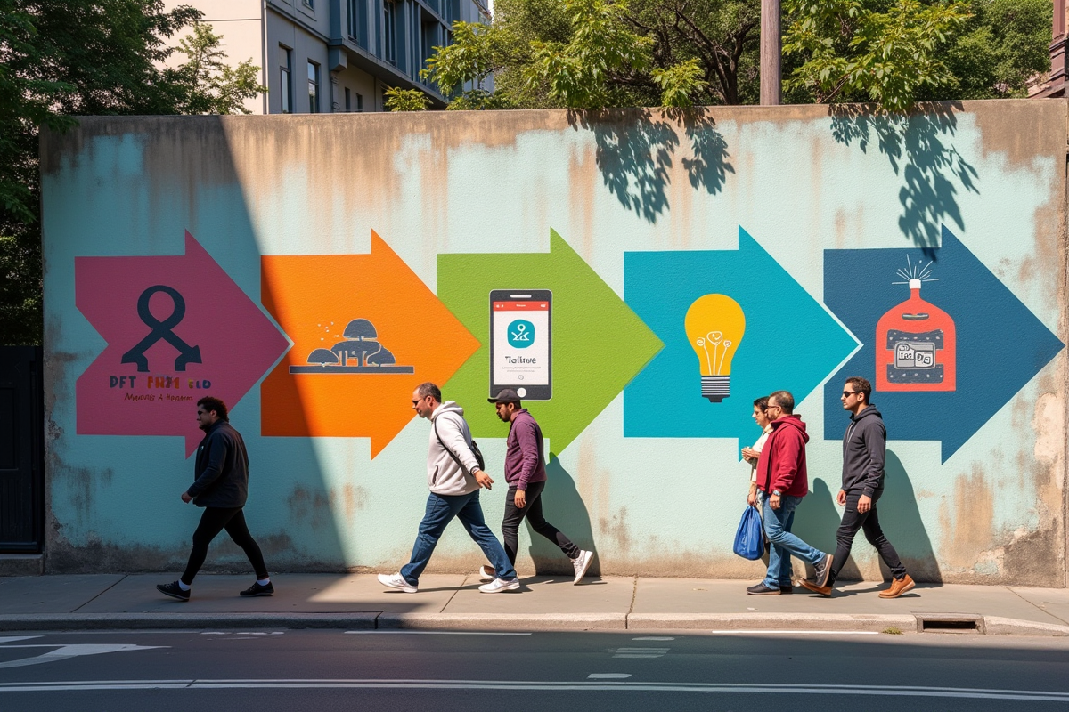 Murale urbaine illustrant le flux des 4Rs avec flèches colorées