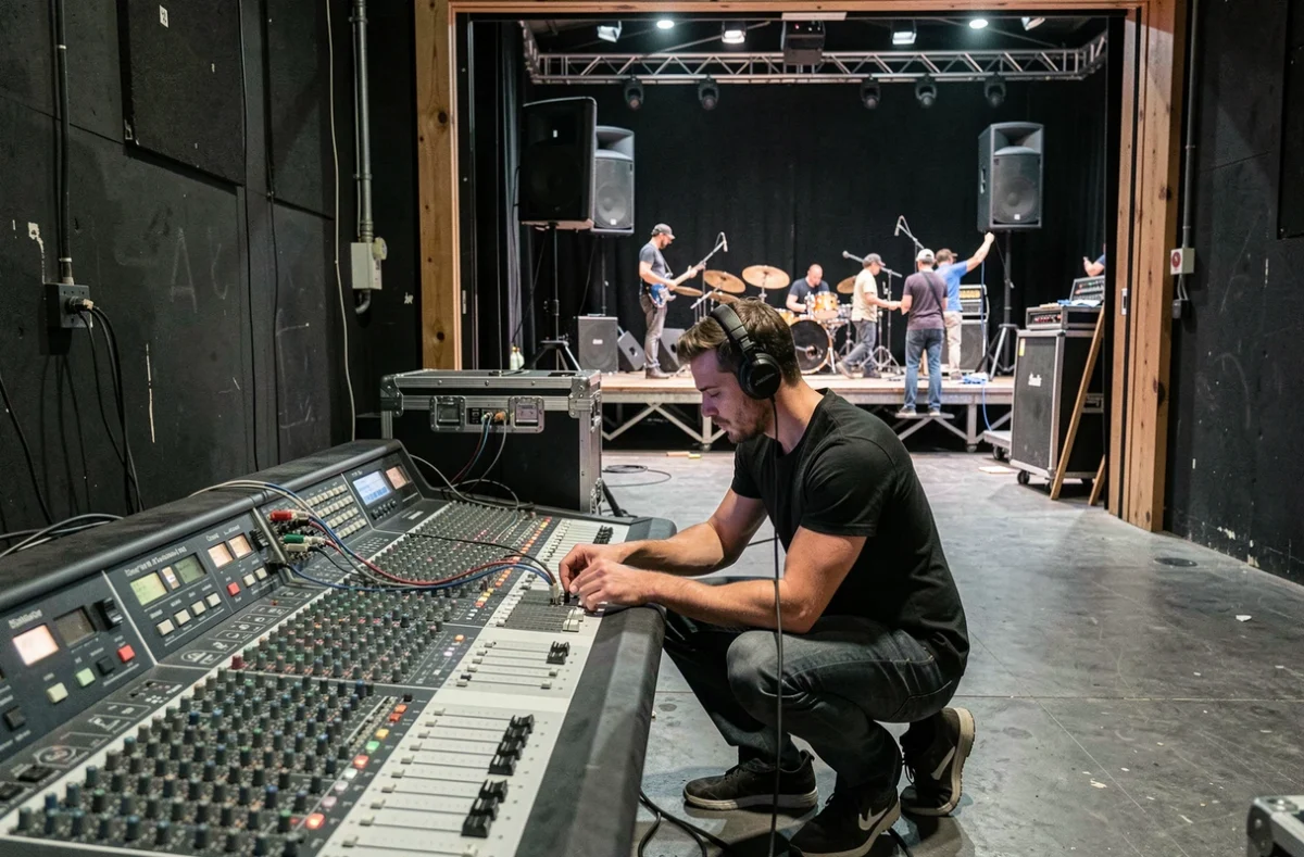 Technicien son de Music Live Événements finalisant l'installation d'une scène musicale dans une salle de concert à Toulouse