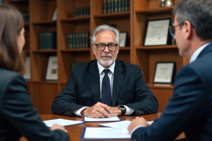 Notaire en costume avec couple et documents officiels