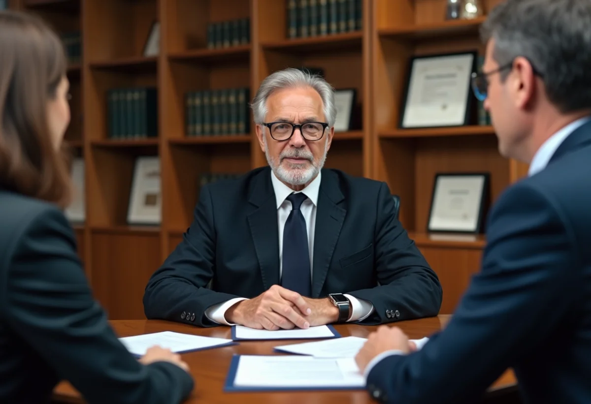 Notaire en costume avec couple et documents officiels