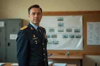 Officier de l'armée de terre en uniforme devant une grille indiciaire dans un bureau militaire administratif