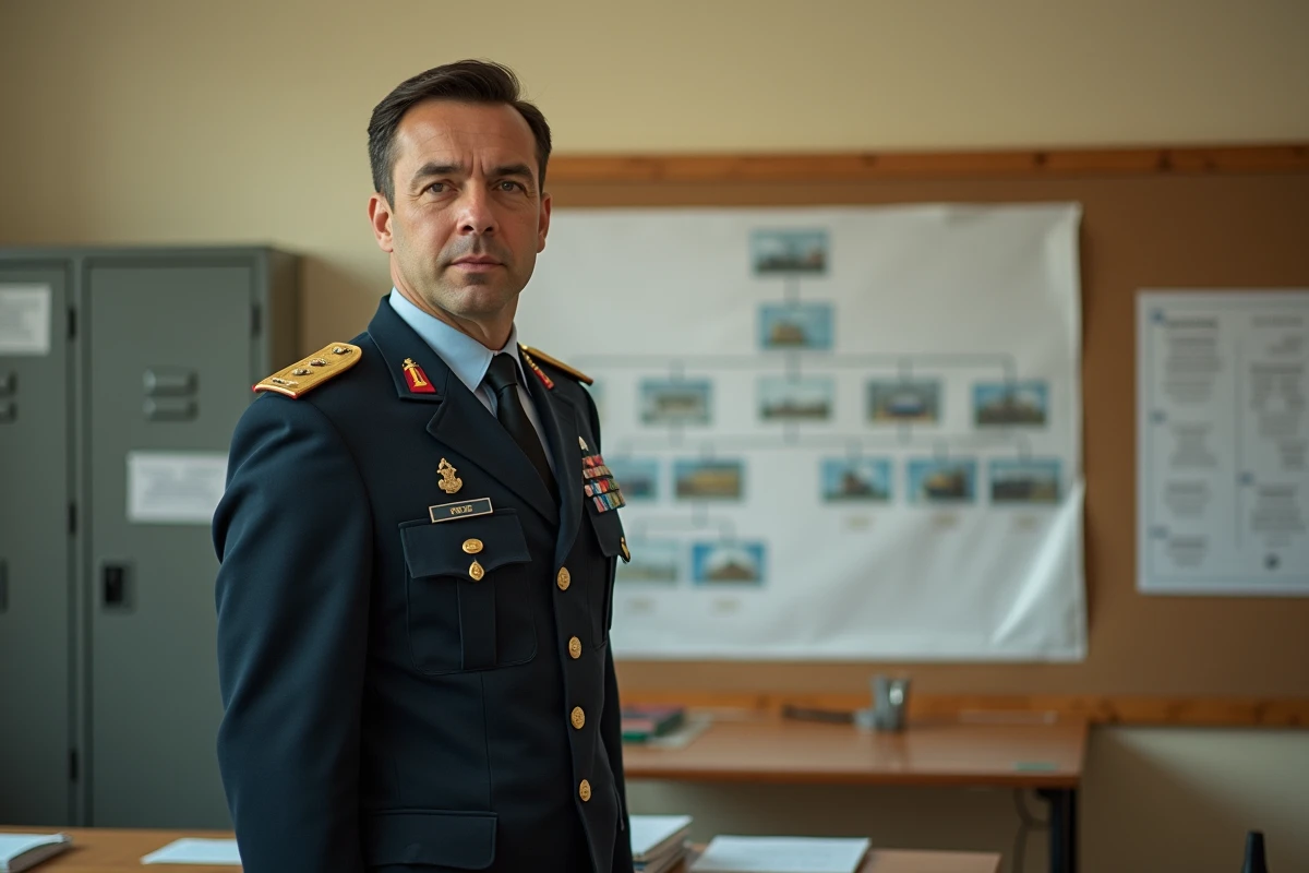 Officier de l'armée de terre en uniforme devant une grille indiciaire dans un bureau militaire administratif