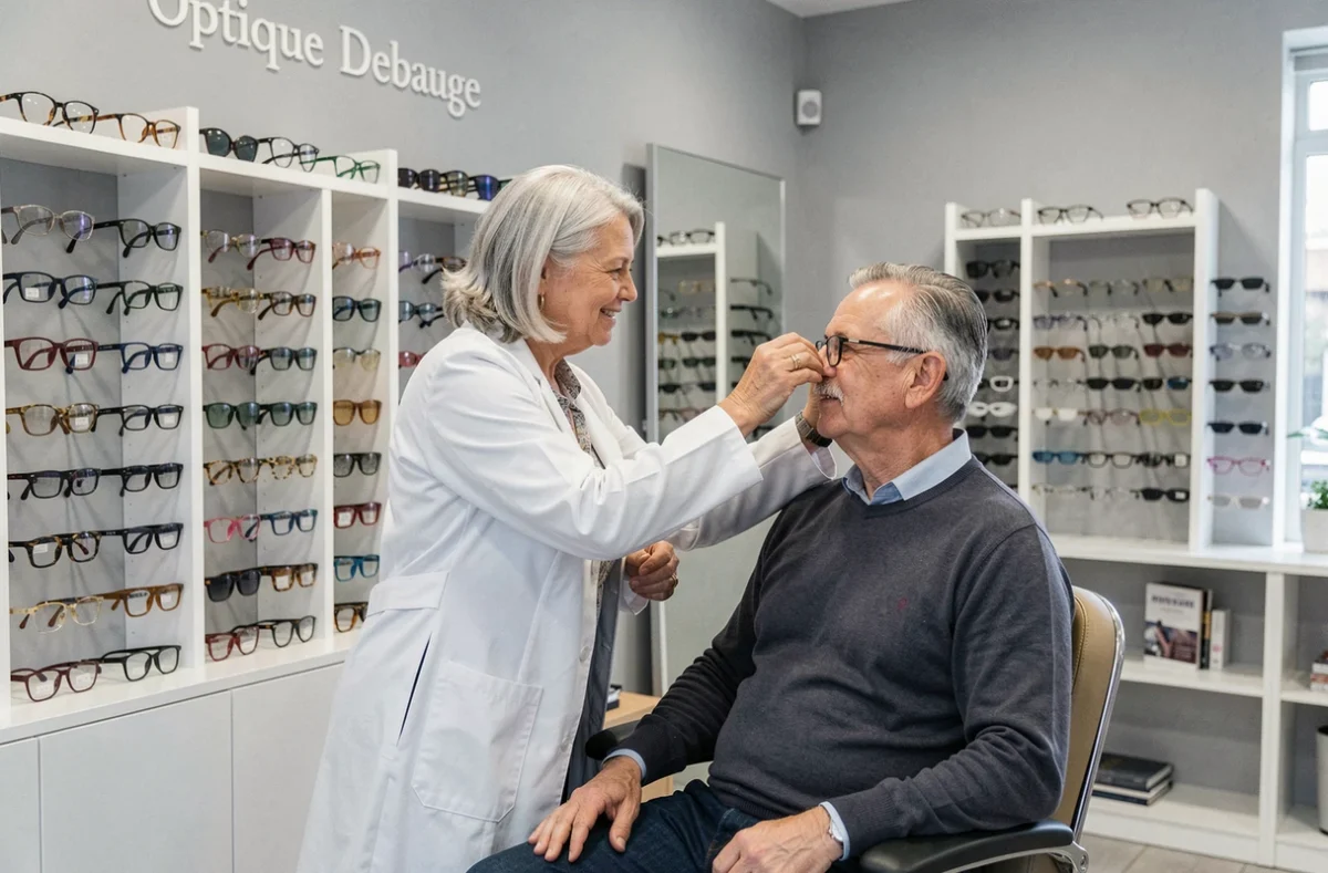 Opticienne d'Optique Debauge ajustant des lunettes sur un client dans un cadre professionnel et familial