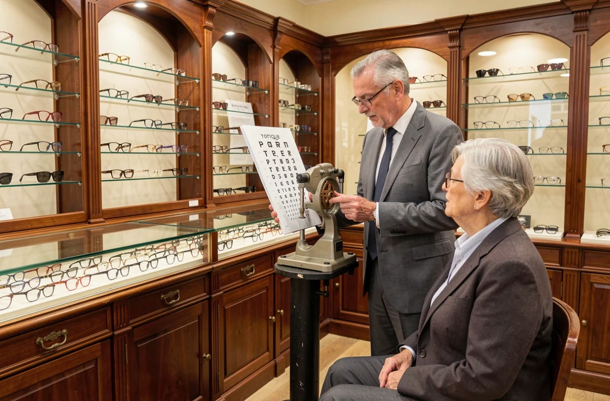 Opticien d'Optique Tondeur réalisant un examen de vue avec une cliente dans un cadre classique et rassurant