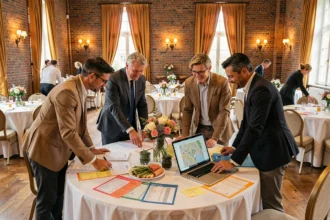 Équipe d'organisateurs d'événements professionnels planifiant un grand événement dans une salle de réception élégante en Haute-Garonne