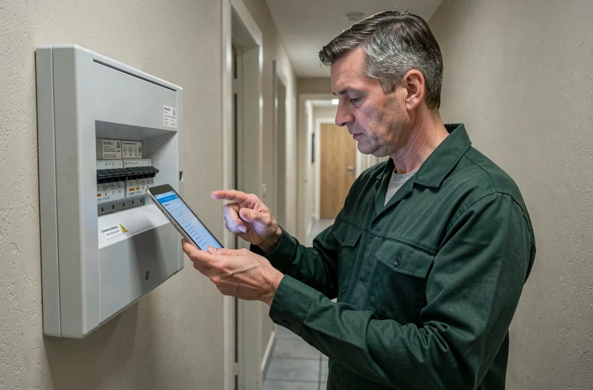 Technicien d'Oriven réalisant un audit énergétique devant un compteur électrique dans un immeuble résidentiel de Rennes