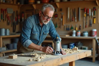 Homme bricoleur utilisant un outil en G dans un atelier de menuiserie artisanal rempli d'outils et de copeaux de bois