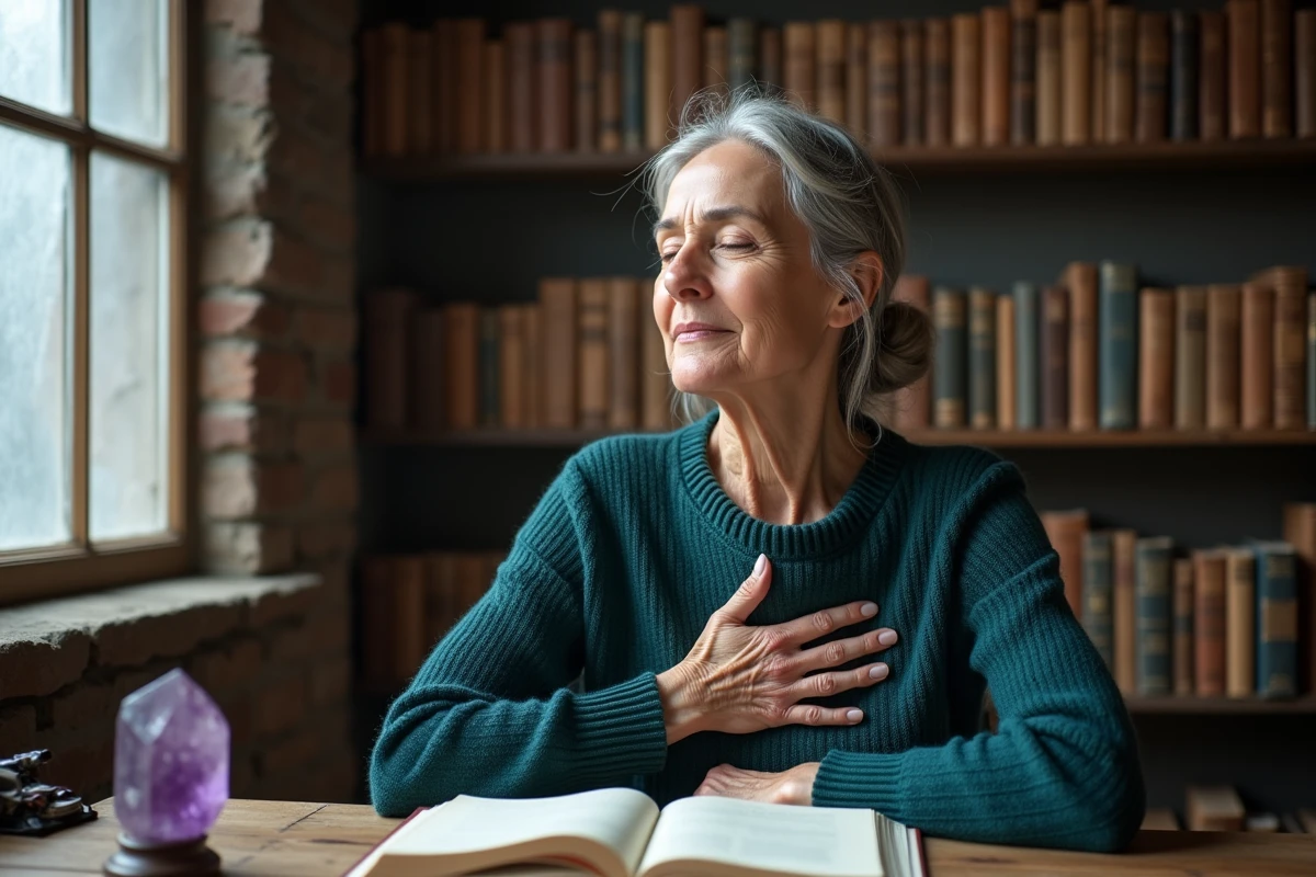 Femme mature les yeux fermés la main sur le cœur dans un bureau chaleureux, symbole d'ouverture spirituelle et d'introspection profonde