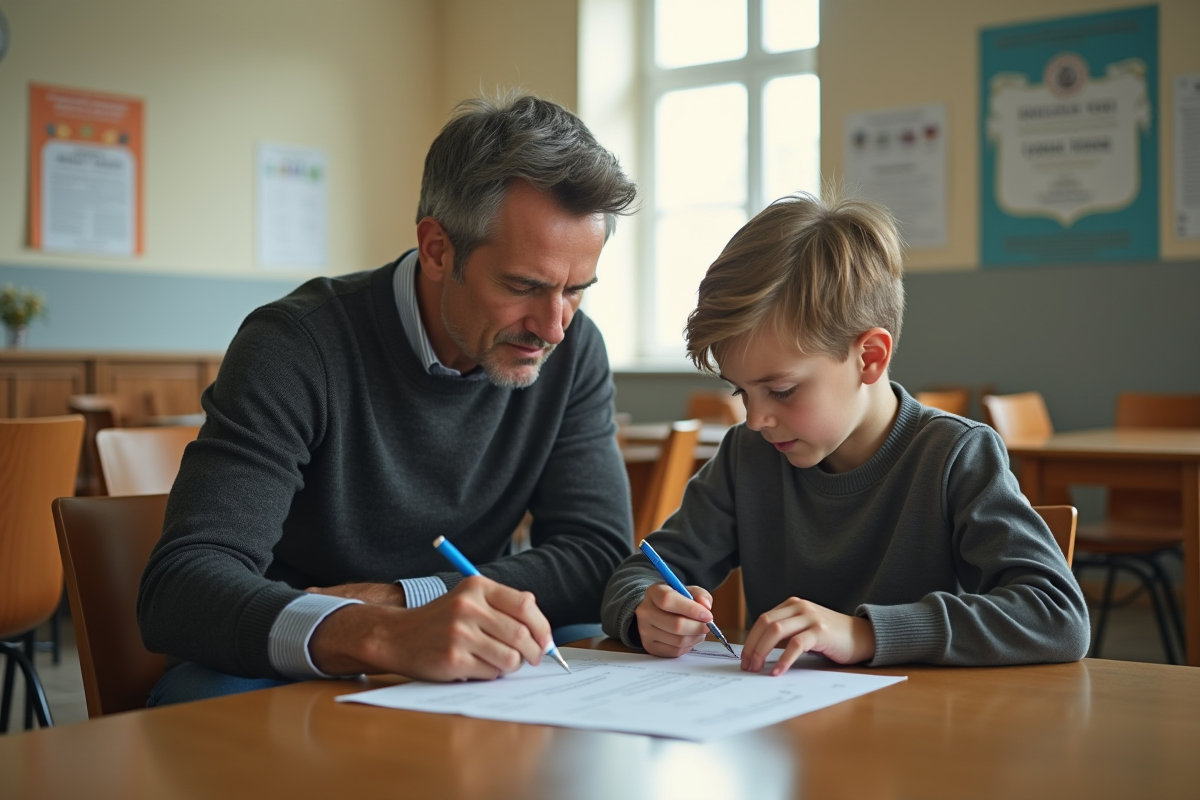 Pere aidant son enfant à signer un document dans un bureau