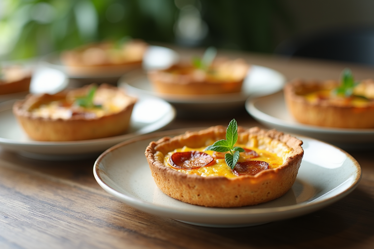 Partages de quiche au chorizo sur assiettes élégantes