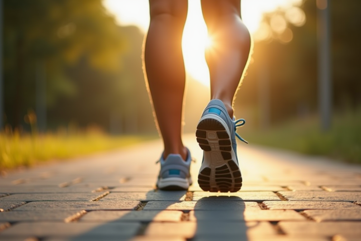 Personne marche en baskets sur un chemin extérieur en plein jour