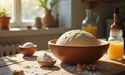 Table de cuisine en bois avec pâte qui lève et levure naturelle