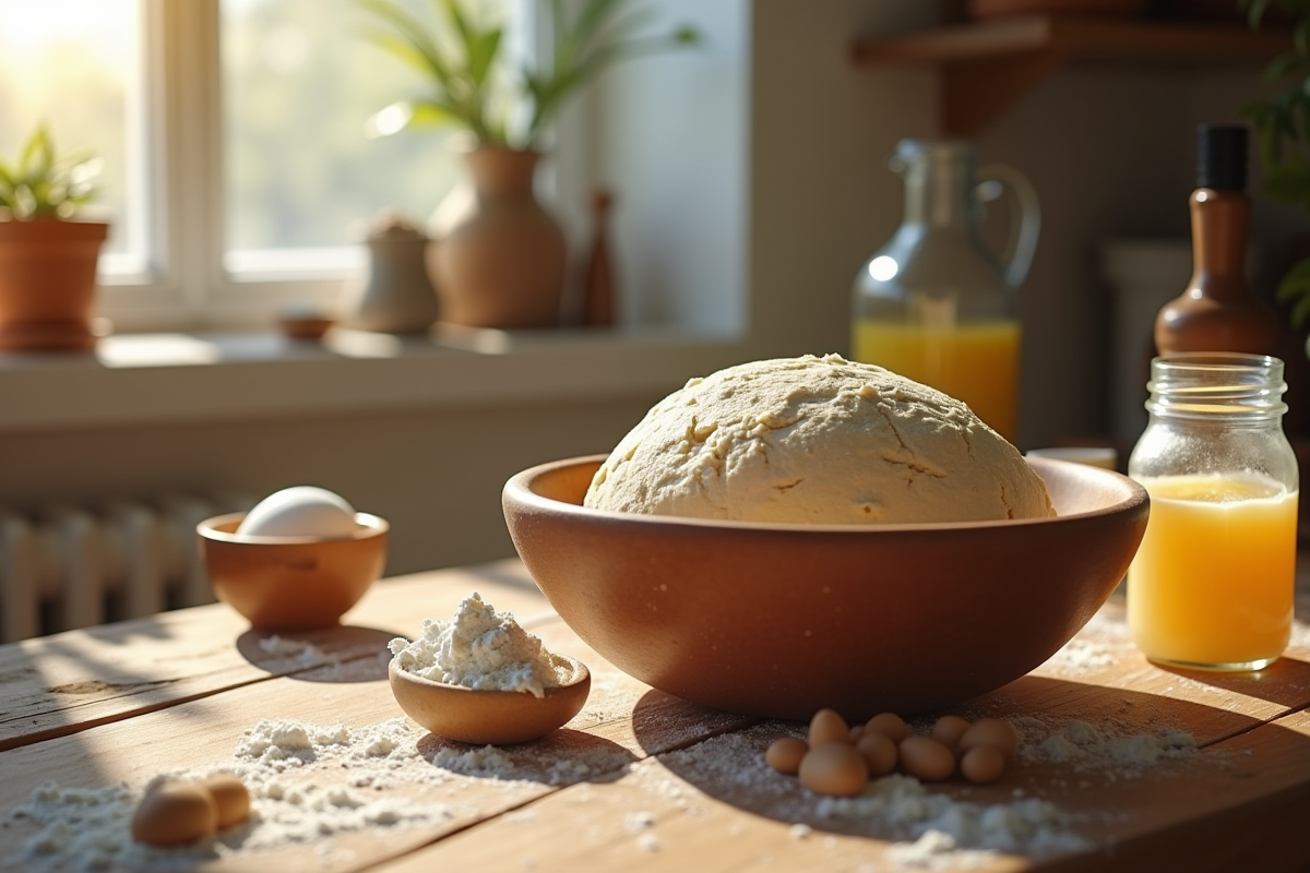 Table de cuisine en bois avec pâte qui lève et levure naturelle