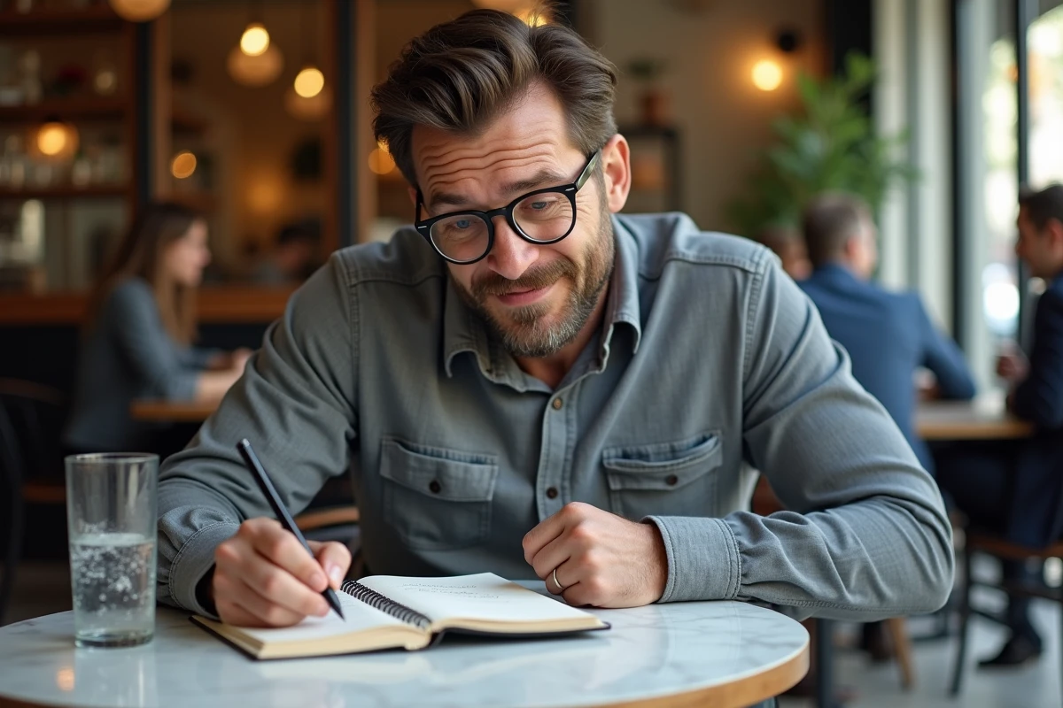 Homme notant des mots-clés dans un carnet pour optimiser sa stratégie sur le jeu de mots Pedantix