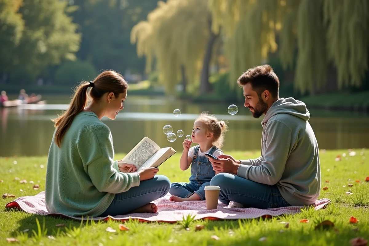 Famille en pique-nique détendu au Parc de la Tête d'Or à Lyon le dimanche, activité gratuite et ressourçante pour petits et grands