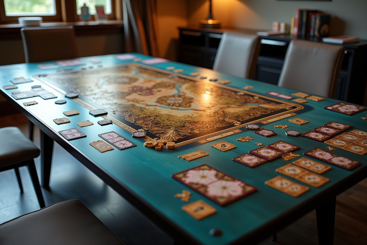 Plateau de jeu stratégique avec cartes et jetons