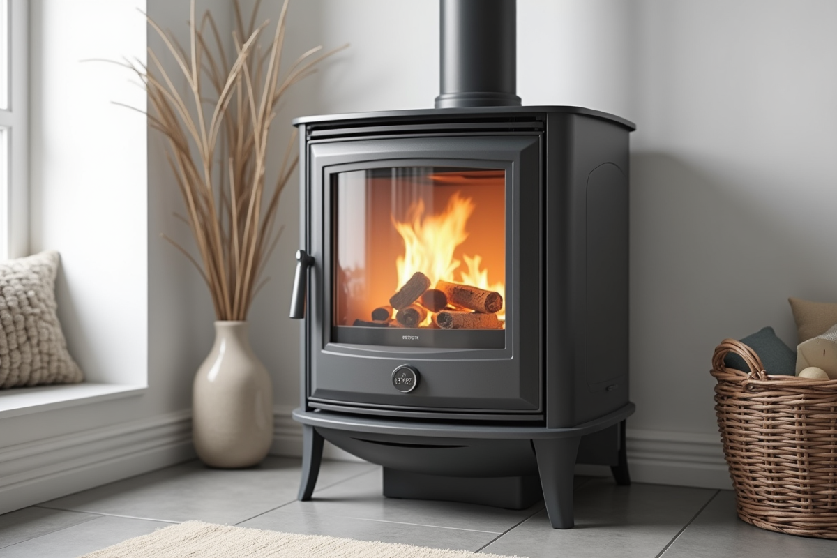 Foyer de poele scandinave gris mat avec flammes visibles