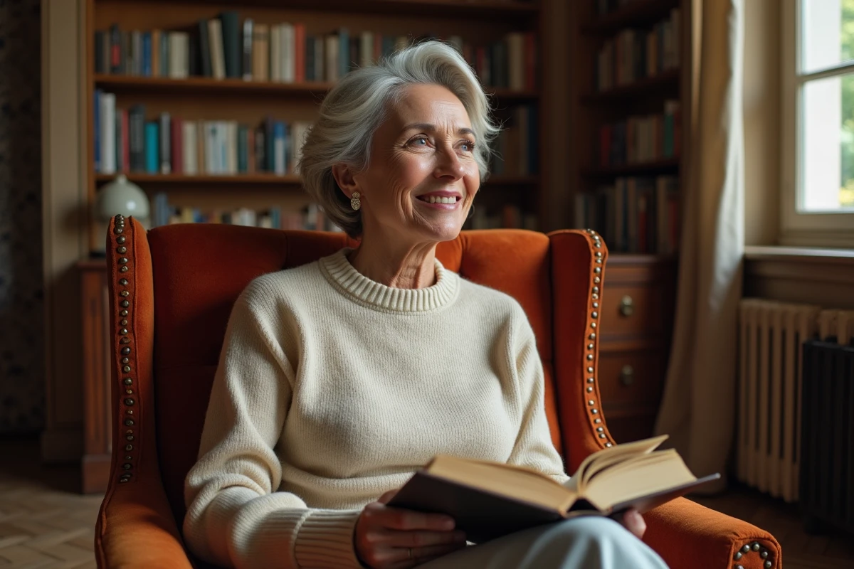 Portrait intime d'une femme française mature dans un salon littéraire, illustrant la vie privée et les passions personnelles