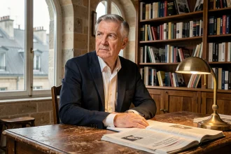 Portrait d'un célèbre journaliste français dans son bureau parisien entouré de livres et de journaux