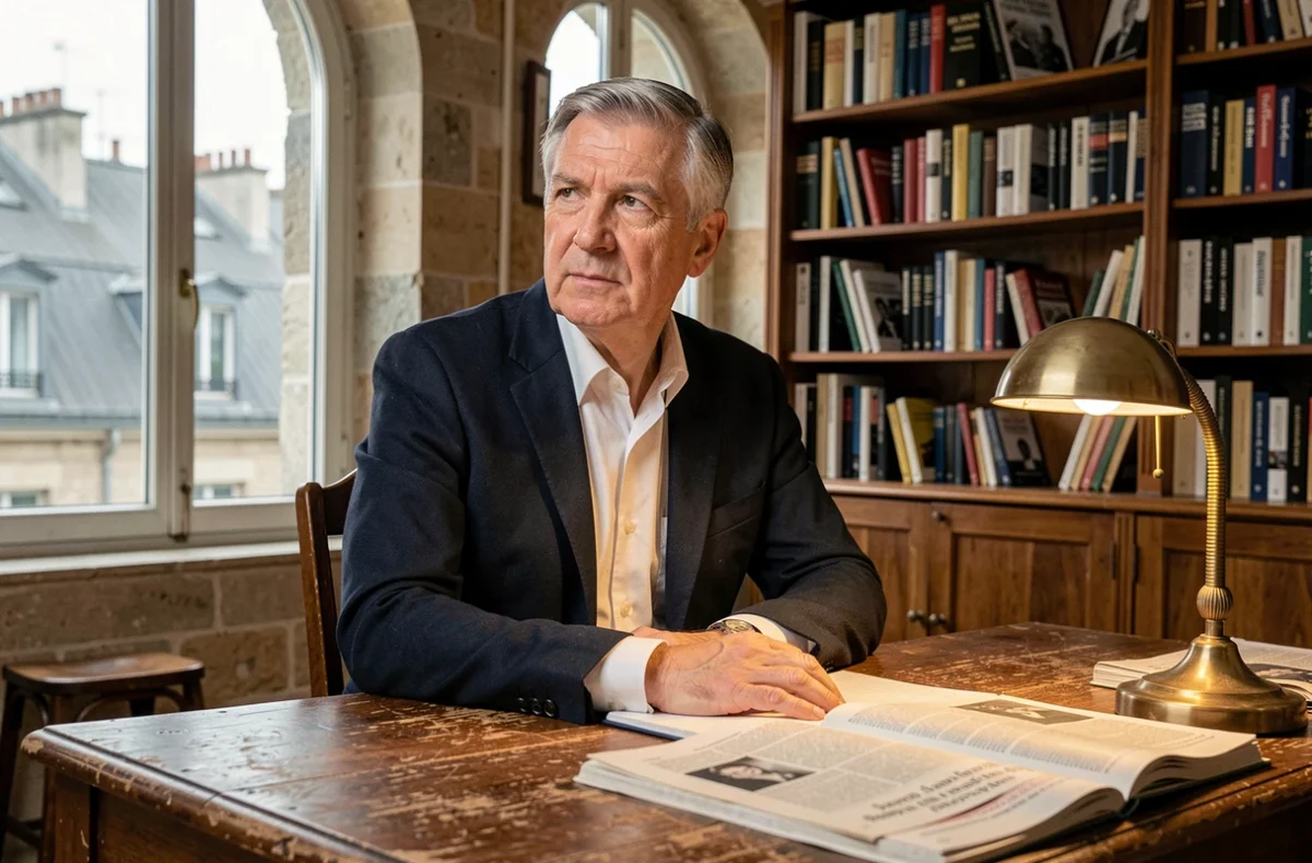 Portrait d'un célèbre journaliste français dans son bureau parisien entouré de livres et de journaux