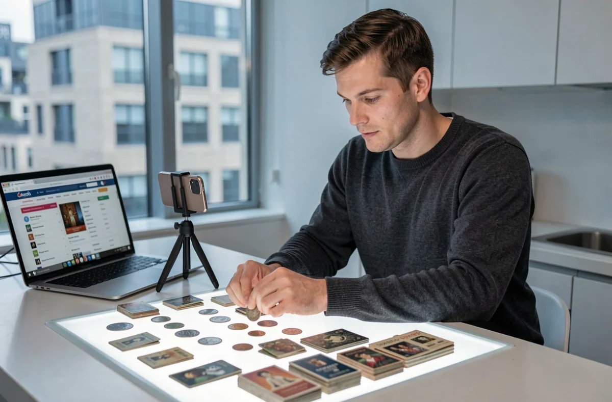 Homme photographiant des pièces de monnaie anciennes pour créer une annonce de vente en ligne sur Delcampe