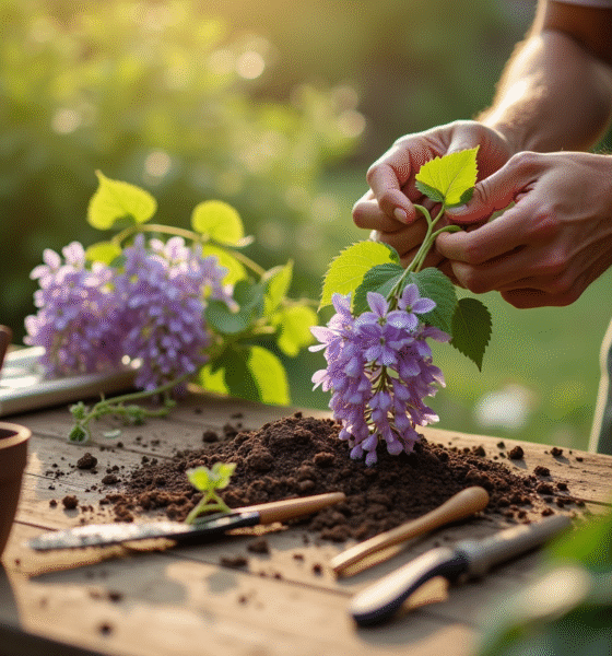 Mains préparant une jeune vigne de glycine au jardin