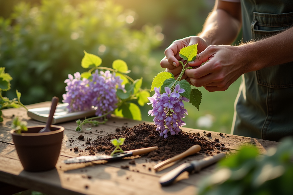 Mains préparant une jeune vigne de glycine au jardin