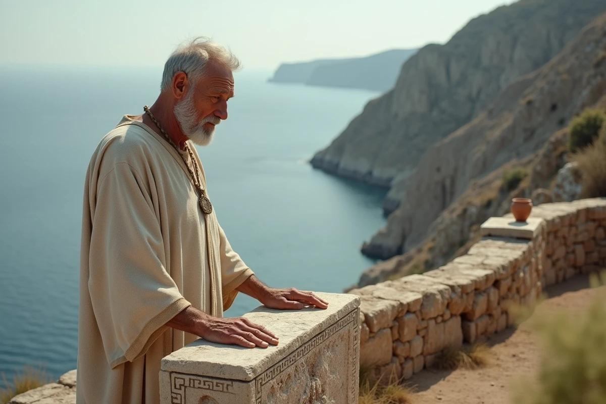 Prêtre grec âgé en chiton de laine crème debout devant un autel en pierre sur une falaise surplombant la mer Égée lors d'un rituel oraculaire