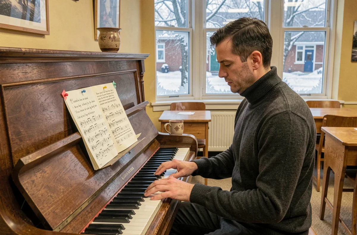 Professeur de musique jouant un poème d'hiver mis en musique au piano dans une salle de classe
