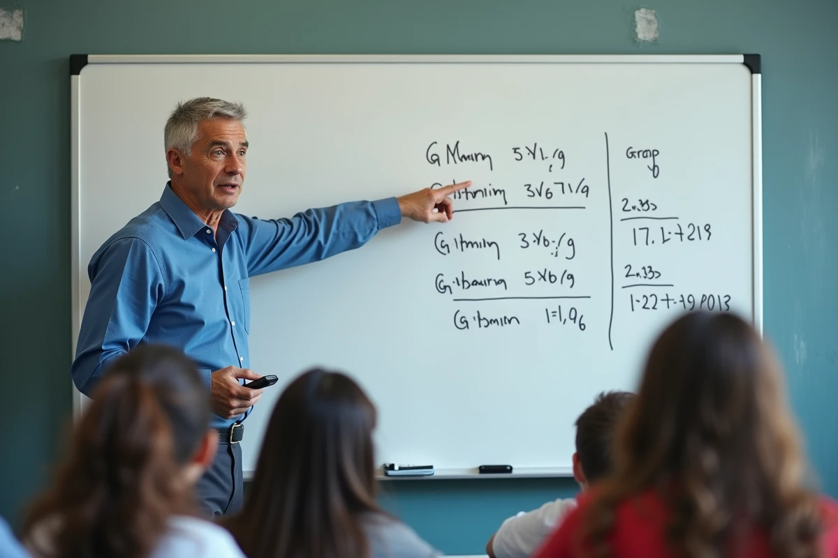 Professeur expliquant la conversion des grammes en kilogrammes devant un tableau blanc avec des formules mathématiques dans une salle de classe