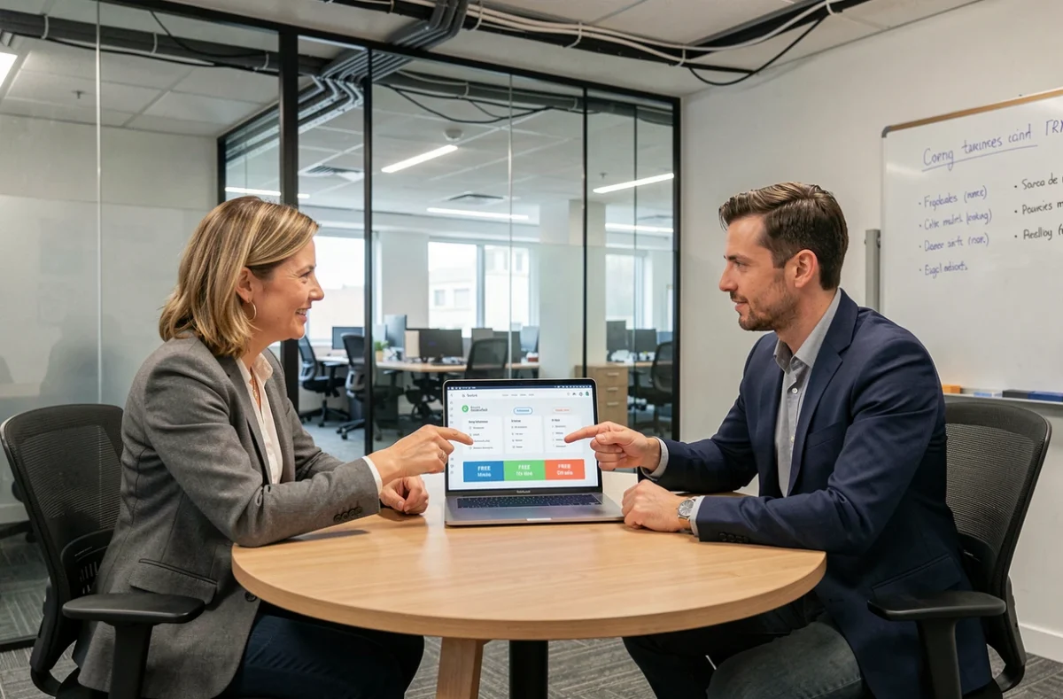 Deux professionnels discutant d'un abonnement business gratuit et de sa conversion en levier stratégique en salle de réunion