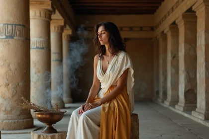 Pythie vêtue de robes en lin blanc et safran assise sur un trépied en pierre dans un temple grec antique, fumée de laurier s'élevant autour d'elle en atmosphère oraculaire