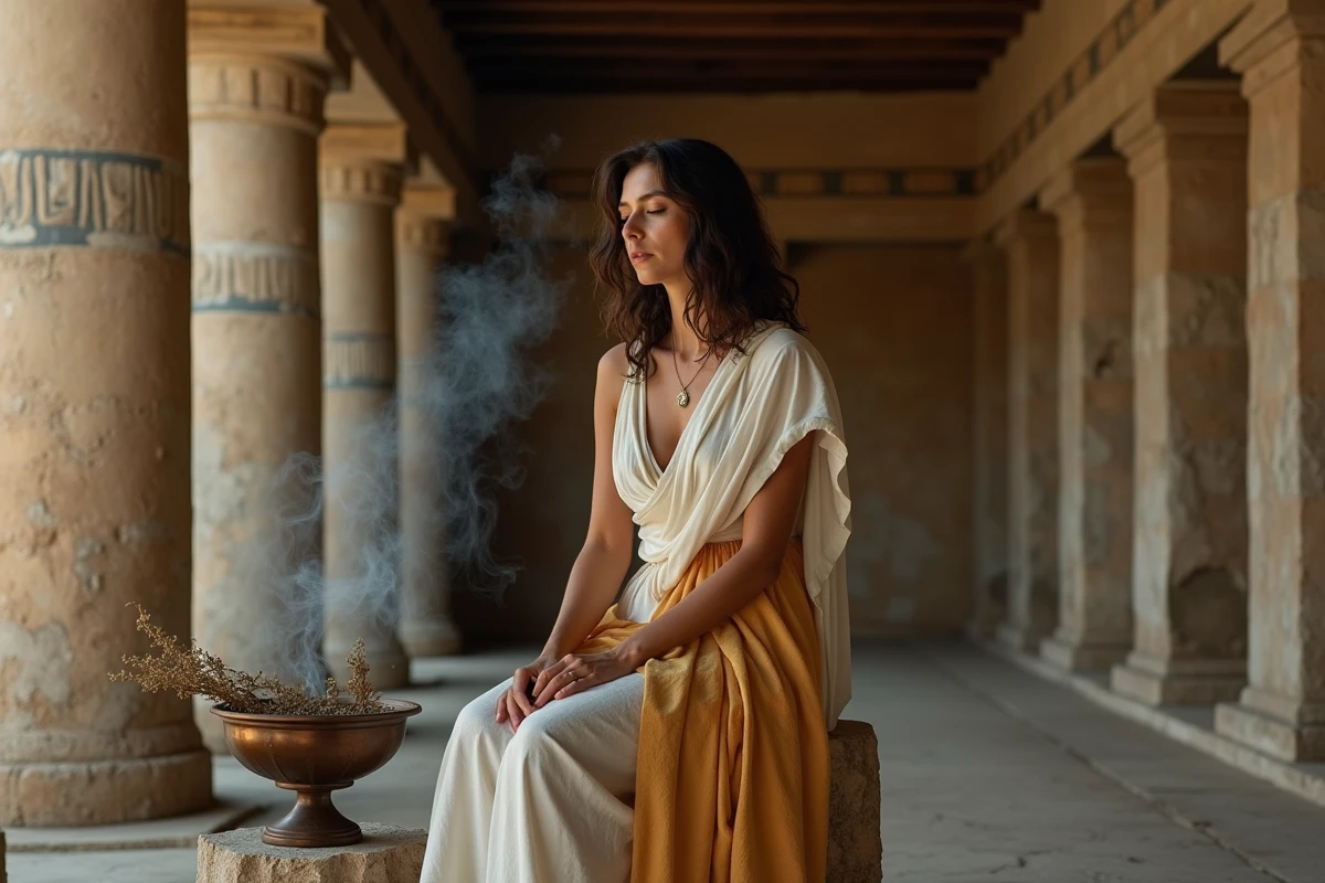 Pythie vêtue de robes en lin blanc et safran assise sur un trépied en pierre dans un temple grec antique, fumée de laurier s'élevant autour d'elle en atmosphère oraculaire