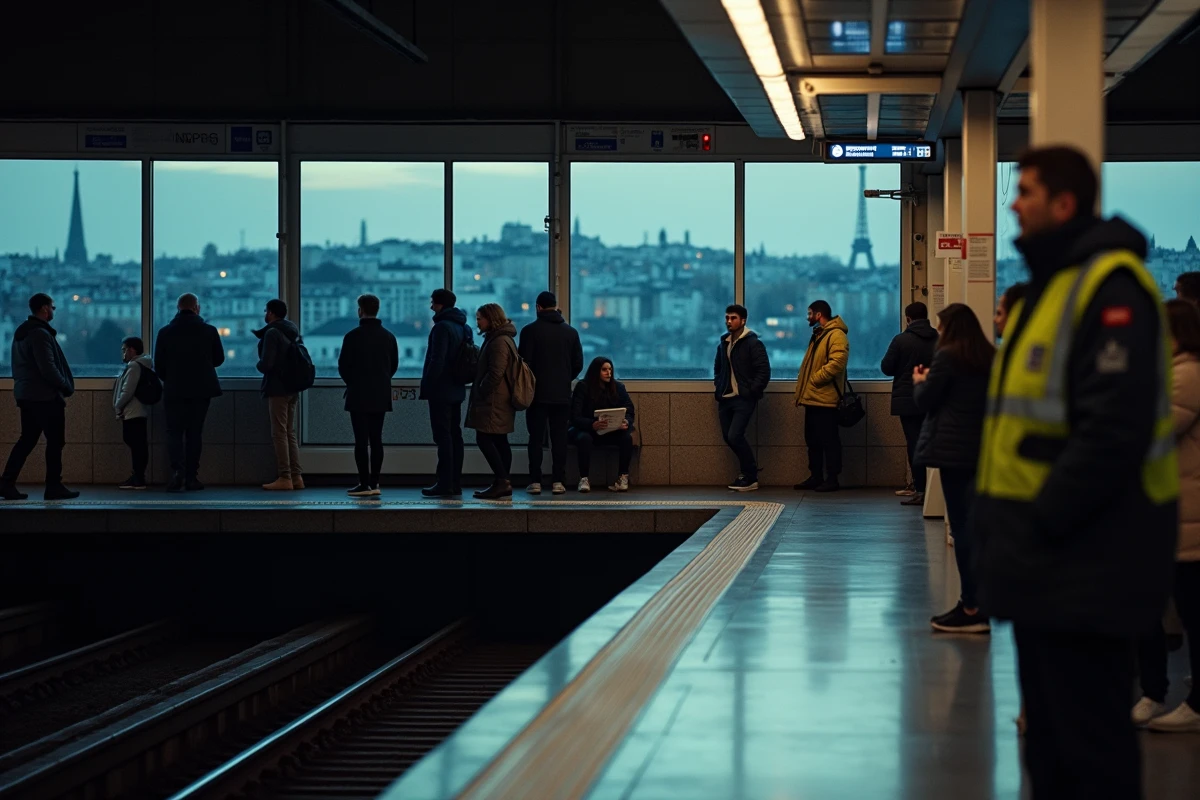 Quai de la ligne 6 du métro parisien avec agent de sécurité et voyageurs en soirée