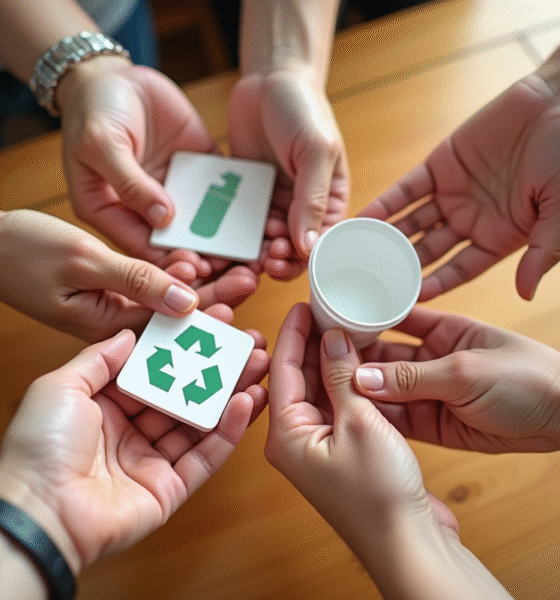 Quatre mains tenant des objets symbolisant les 4Rs