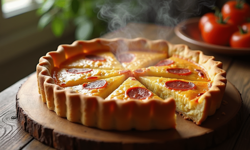 Quiche au chorizo fraîche et croustillante sur table en bois