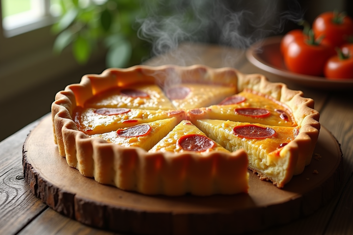 Quiche au chorizo fraîche et croustillante sur table en bois