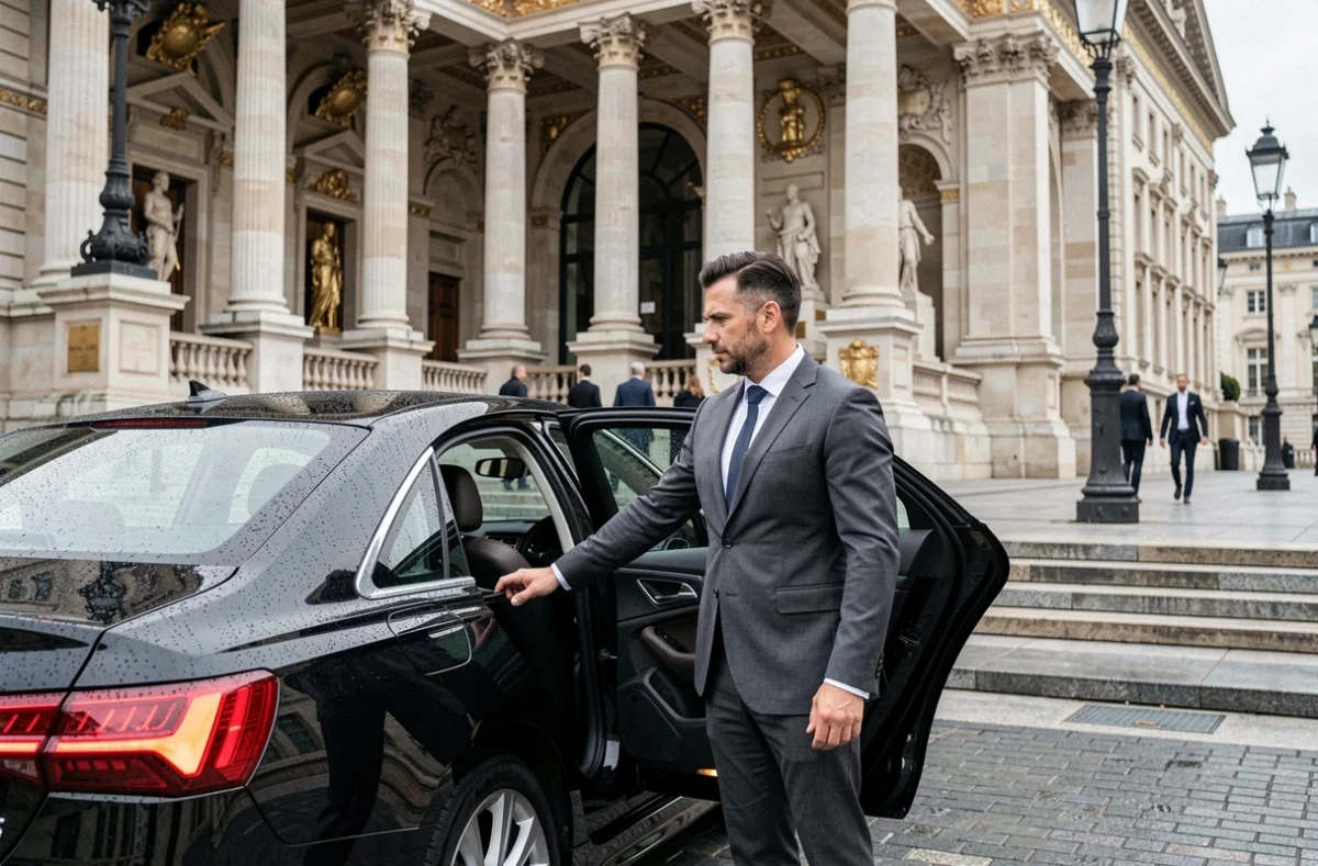Chauffeur VTC Quo Vadis en costume ouvrant la portière d'une Audi noire devant un monument classique du centre de Lyon