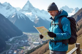Homme randonneur regardant une carte dans les Alpes françaises