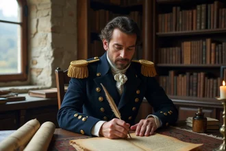 Homme en uniforme militaire napoléonien rédigeant une lettre à la plume sur parchemin dans un bureau historique en pierre