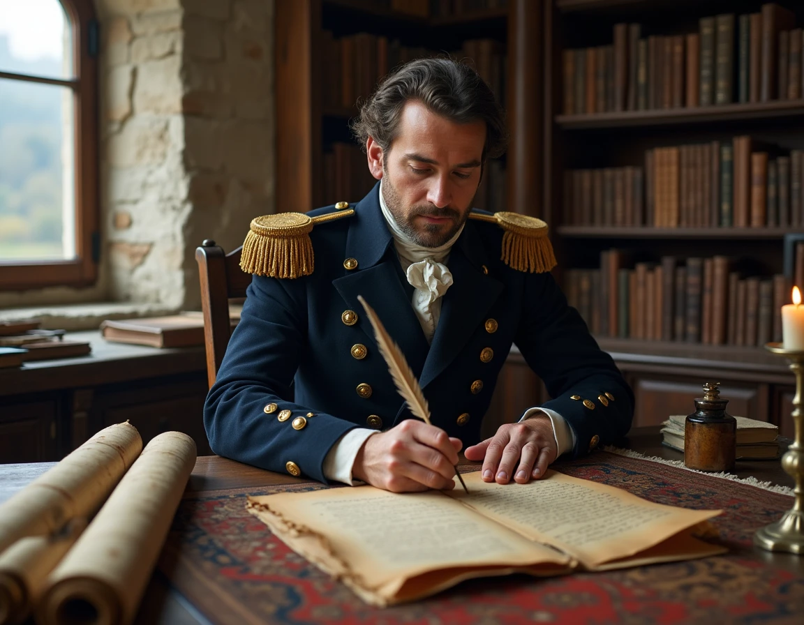 Homme en uniforme militaire napoléonien rédigeant une lettre à la plume sur parchemin dans un bureau historique en pierre